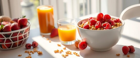 Sunlit bowl of raspberry granola cereal and orange juice on white table,   fresh,   morning