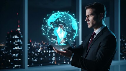 Businessman holds hologram globe. Businessman studies virtual globe hovering over palm. Office window shows city lights. Augmented reality technology visualizes network data. Suit concept for future. - Powered by Adobe