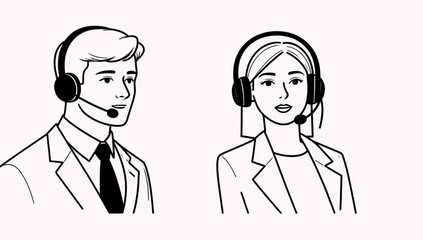 Fototapeta premium Illustration of online assistance concept Male customer service agent and female client engaged in active communication on a minimalist white background rendered as clean outline illustrations