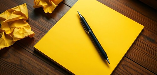Yellow legal pad, crumpled paper, pen on wood desk,  work,  document