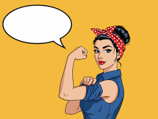 We Can Do It! Iconic Female Strength and Empowerment Symbol with Speech Bubble on Yellow Background, Celebrating Resilience and Determination