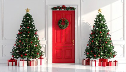 Festive Christmas holiday scene with decorated trees and a red door.