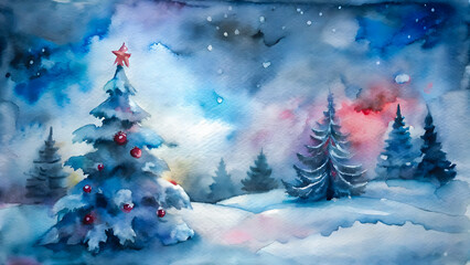Whimsical watercolor painting of a decorated christmas tree in a snowy forest at dusk