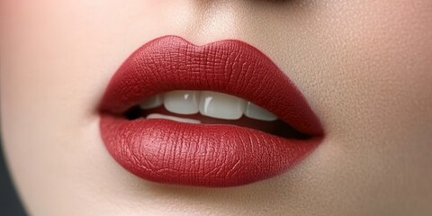 Obraz premium Close Up Artistic Shot of Plump Female Lips with Luscious Crimson Lipstick and Dental Aesthetics