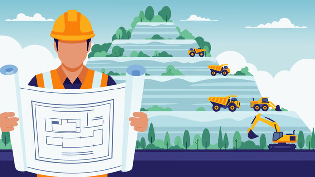 Construction professional inspecting blueprints with mining vehicles and a mountain quarry in the background, a6