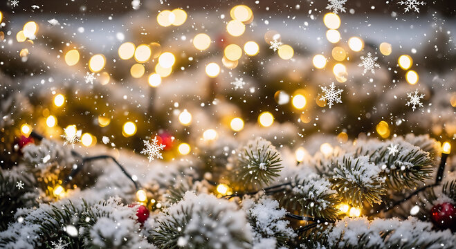A close-up view of snow-covered pine tree branches and small red ornaments, illuminated by warm, glowing yellow string lights, with soft bokeh background and falling snowflakes. - Powered by Adobe