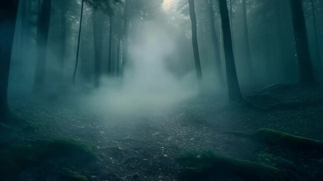 A mysterious path leads through a dark and foggy enchanted forest with ethereal light filtering through the trees