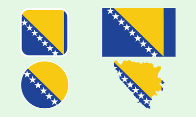 Bosnia Flag Icon Set in Square, Round, and Map Shapes. Clean Modern Collection. Perfect for use in apps, websites, presentations, infographics, educational materials, travel content.