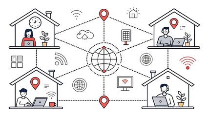 Illustration of remote work and global network connection concept showing people working from home connected via internet and location pin