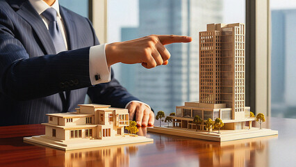 Real Estate Visionary: An elegantly dressed executive, gestures with a hand towards miniature model buildings, embodying the vision and possibilities of the real estate landscape. 