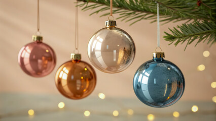 Four colorful glass christmas ornaments hanging from a festive pine tree branch with bokeh lights