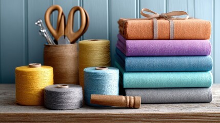 Gift wrapping station with colorful papers, ribbons, scissors