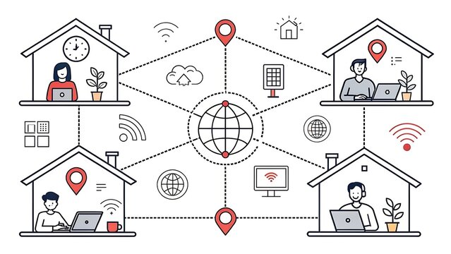 Illustration of remote work and global network connection concept showing people working from home connected via internet and location pin - Powered by Adobe