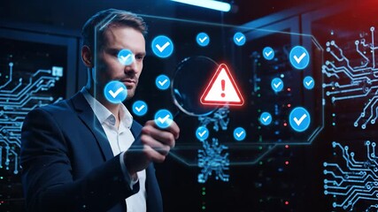 Inspecting network security alert with hologram. Businessman examines server data and threat icons. Holographic interface shows warning triangle. Control room suggests cybersecurity monitoring system. - Powered by Adobe