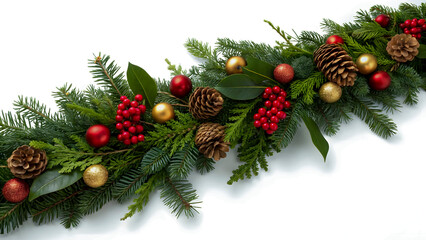 Traditional christmas garland with pine cones berries and ornaments on white background