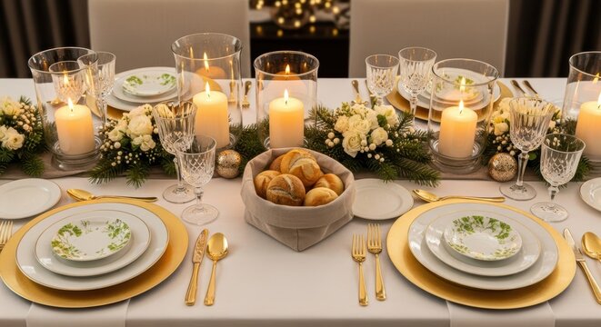 Elegant candlelit dinner table setting with floral arrangements