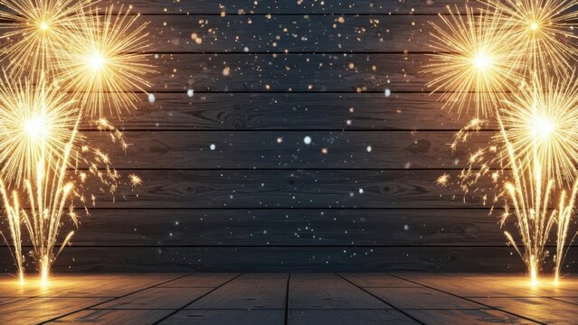 Golden fireworks display against dark wood background with bokeh lights