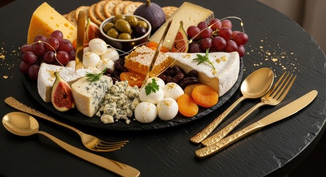 Gourmet cheese board with fruits nuts and crackers - Powered by Adobe