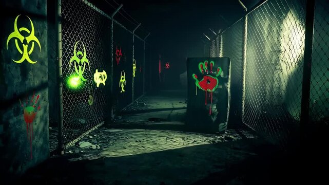 Shot of a UV blacklight illuminating invisible biohazard symbols and bloody handprints painted on the walls and fence. Eerie glow