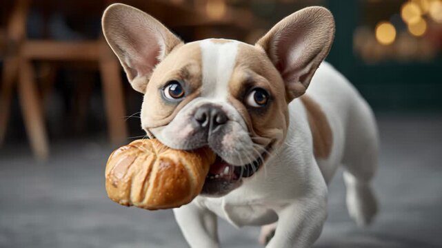 Playful dog joyfully running with a pastry in its mouth, showcasing excitement and energy, as the camera follows the action with a smooth dolly movement, capturing the lively atmosphere
