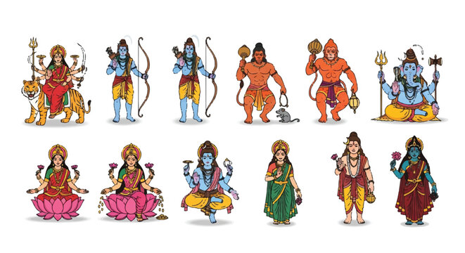 Flat 2D character set of major Indian Hindu gods and goddesses including Ganesha, Shiva, Vishnu, Durga, Rama, and Hanuman, rendered in a colorful vector illustration style on a white background.