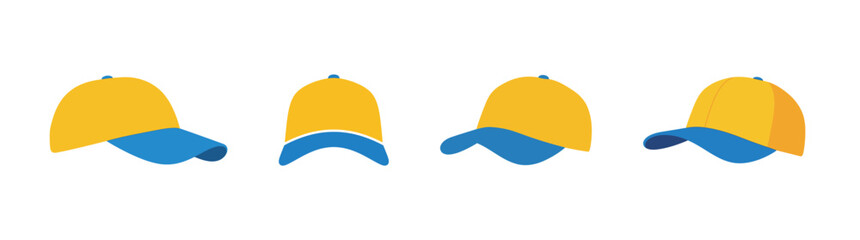Four illustrations of a yellow and blue baseball cap, showcasing different perspectives and angles.