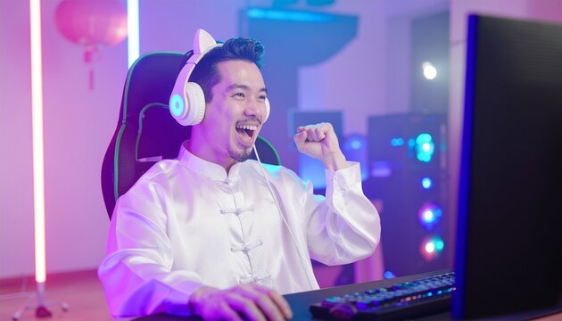 Enthusiastic Gamer: A gamer is fully immersed in his game, radiating pure joy and excitement. The glow of the screen and neon lights amplify the energetic environment of gaming. - Powered by Adobe