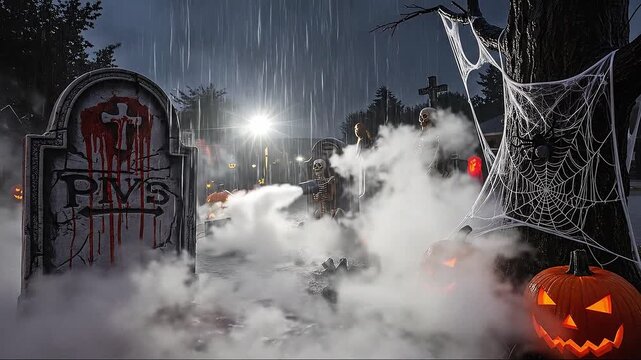 Shot of heavy rain pouring down on the Halloween decorations, washing fake blood in streaks down the tombstones. A fog machine is struggling against the downpour