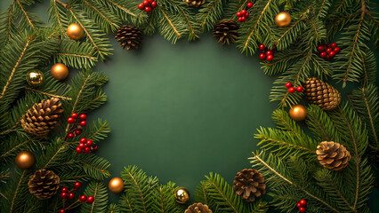 Festive christmas wreath with pine cones and golden ornaments on a dark green background
