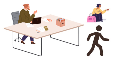 Office worker with laptop at desk, shopper with bags pointing directions, simple pedestrian walking. Ideal for business, work-life balance, urban life, multitasking, customer service, communication