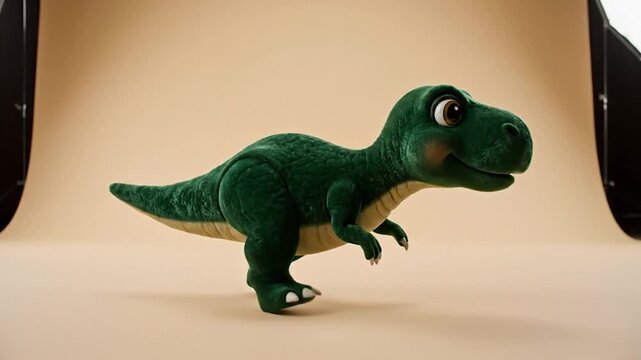 Friendly green plush dinosaur toy stands on a beige studio backdrop, full body shot