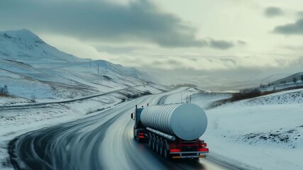 A large tanker truck drives along a curvy snowy road surrounded by mountains under a cloudy sky in winter - Powered by Adobe