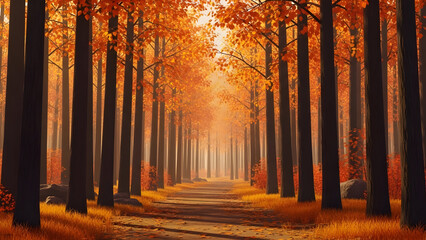 A picturesque pathway through a vibrant forest ablaze with the warm hues of autumn foliage.