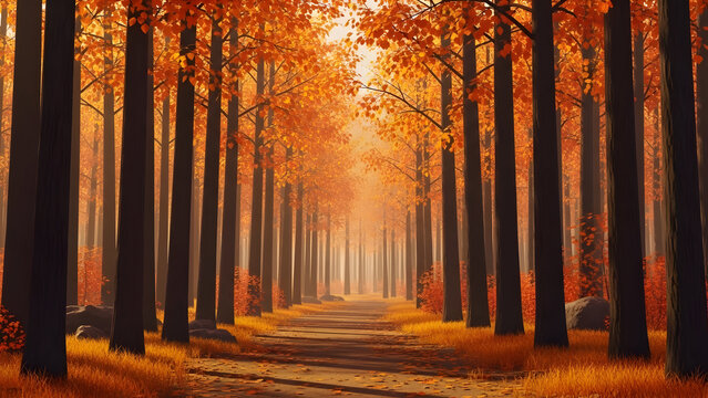 A picturesque pathway through a vibrant forest ablaze with the warm hues of autumn foliage.