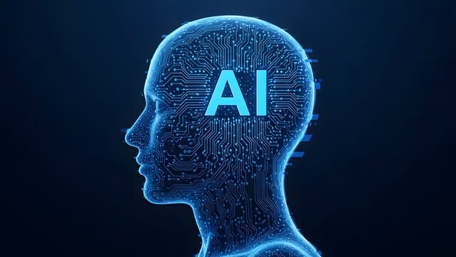 Artificial intelligence head with circuit board texture on a dark blue background