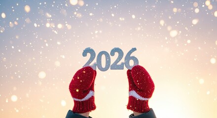 Two hands wearing red knitted mittens hold up the year 2026 against a snowy background. Soft snowfall creates a festive winter atmosphere.