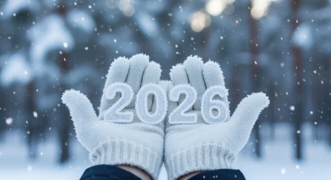 Hands in white gloves hold the year 2026 in a snowy landscape. Snowflakes fall gently in a winter forest setting.