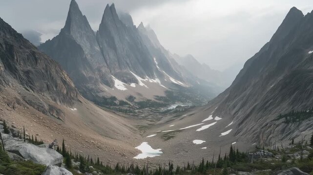 The camera pans over a mountainous terrain featuring sharp peaks and a serene valley with patches of snow and trees under cloudy skies