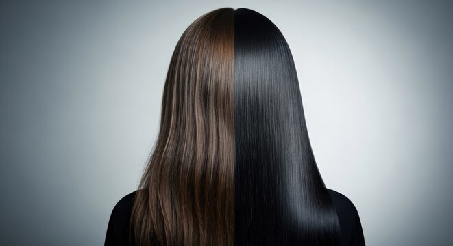 A split view of two women's hair, one side brown and the other side black. Both women have long, straight hair and are facing away from the camera.