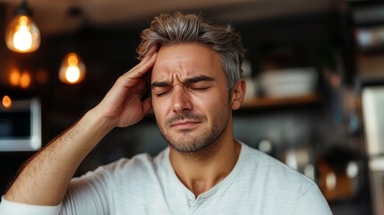 Frustrated man with headache touching his temple in a studio setting, natural light effects