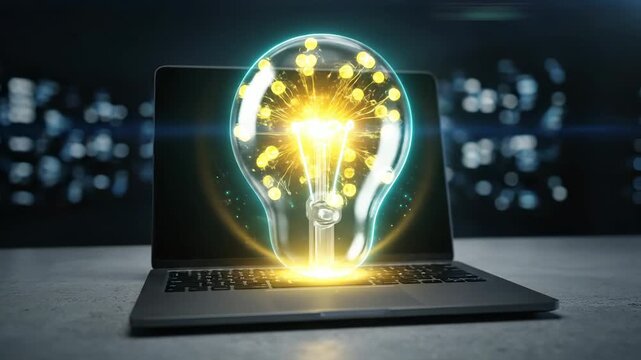 Glowing lightbulb hovers above laptop. Bright idea and innovation symbol shines. Digital hologram emits energy and creativity. Technology concept visualized with glowing bulb. Modern idea for startup.