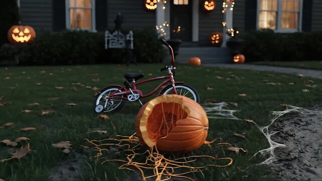 Slow panning shot across the front yard of a Halloween house. A zombie garden gnome is impaled on a fence post. A Toxic hazard sign is stuck in the muddy grass