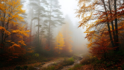 Obraz premium Autumn forest scene with fog, colorful trees, and a winding path.