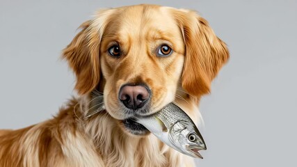Golden retriever proudly holding a fish in its mouth, showcasing a playful moment, with a gradual zoom in capturing the dog's expression and the fish's details, emphasizing joy and companionship