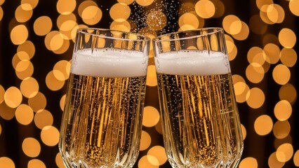 Golden celebration toast with two champagne flutes