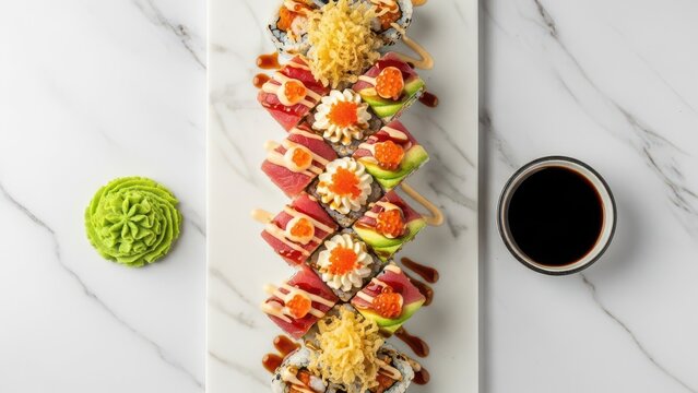 Assorted fresh sushi platter with condiments on marble