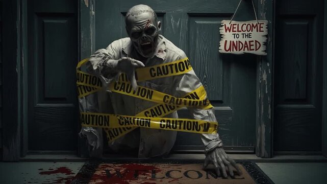 Slow push-in shot towards a front door. A life-like zombie prop is tangled in caution tape, its head and one arm making slow, jerky mechanical movements