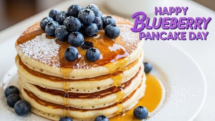 Sweet Golden Pancakes Drizzled with Syrup and Blueberries
