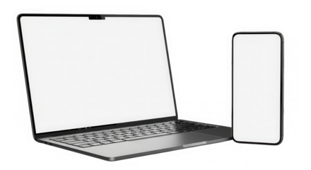 Modern laptop and smartphone with blank screens isolated on transparent background