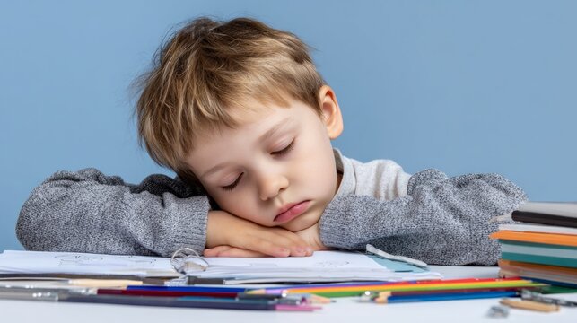 Young student sleeping on a pile of books and papers, feeling overwhelmed with schoolwork, tired from studying